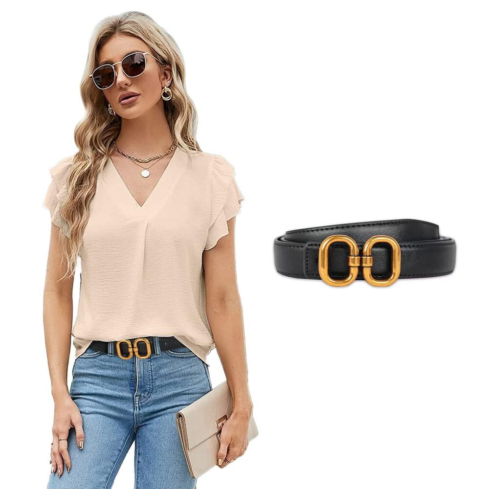 7782 Women's Fashion Classic Metal Buckle Leather Belt With Jeans